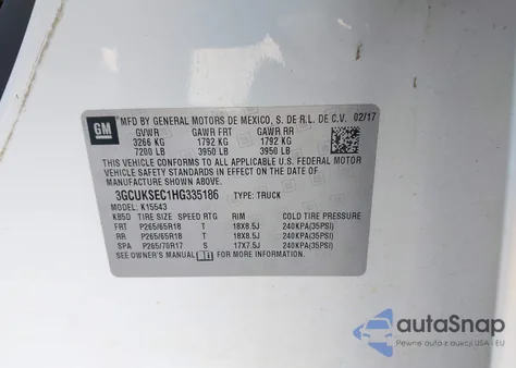 2017 Chevrolet Silverado 1500 1Lz z USA, uszkodzony, nr VIN 3GCUKSEC1HG335186